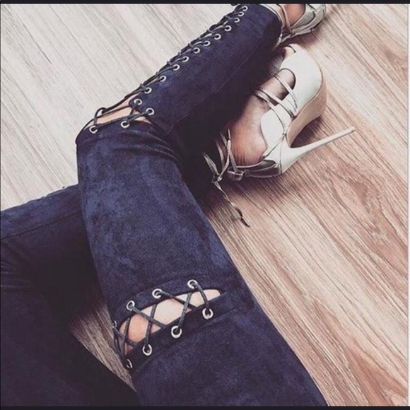 The O Boutique Pants - •LAST 1• Black Suede Lace-Up Leggings Pants